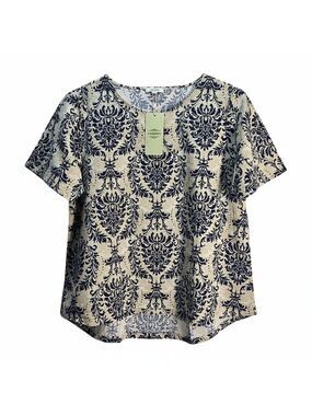 NWT | YESNO Navy & Cream Damask Print Boho Top | Artisanal | Large